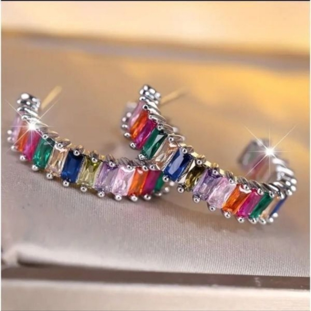 Multicolored Silver Hoop Earrings - Picture 8 of 10